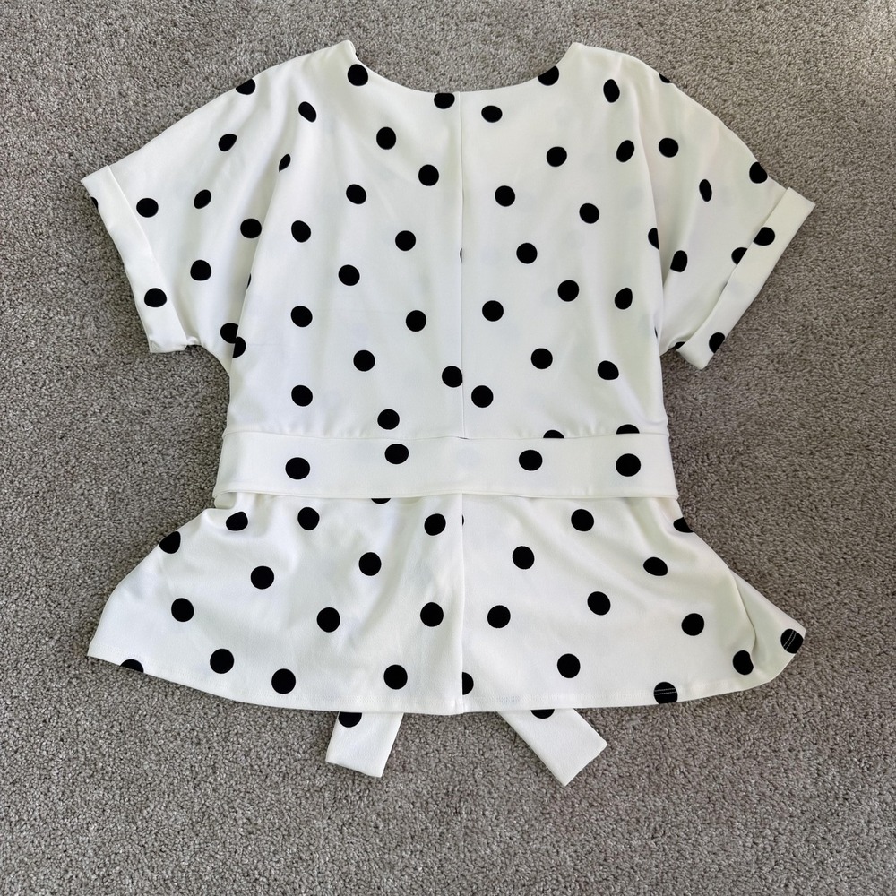 Worthington Blouse Womens 2X White Polka Dot Tie Waist Short Sleeve Peplum - Picture 6 of 7